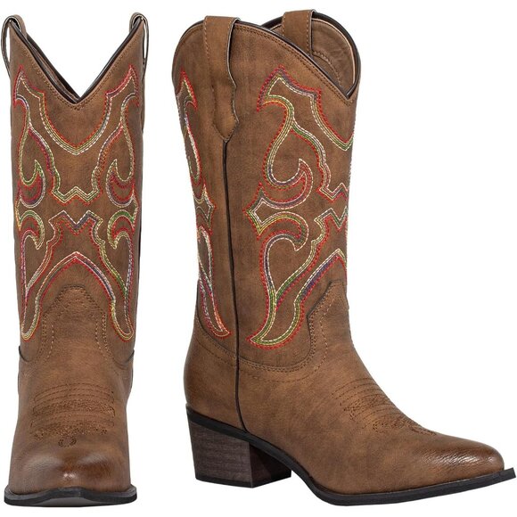 SheSole Western Boots Women Brown Faux Leather Square Toe Wide Mid Calf - Picture 6 of 9